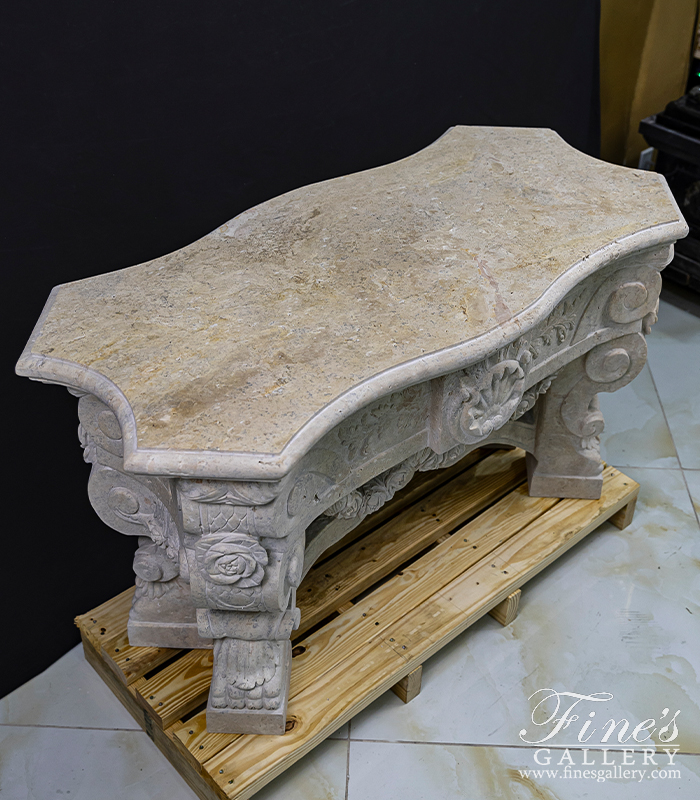 Marble Tables  - Ornately Carved Table In Classic Light Travertine - MT-266